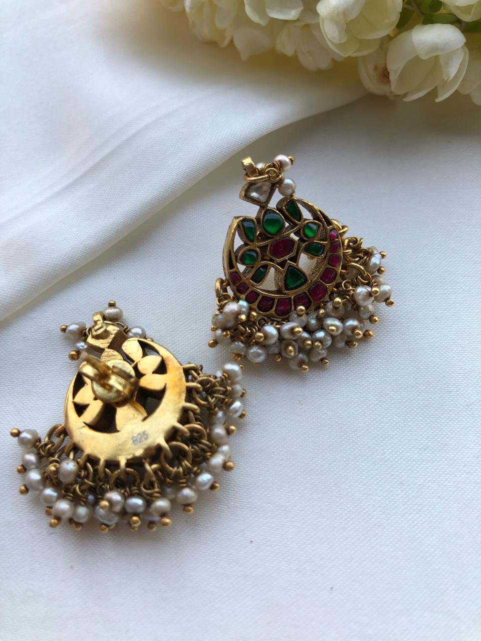 Kundan chand earrings with pearls bunch-Earrings-PL-House of Taamara