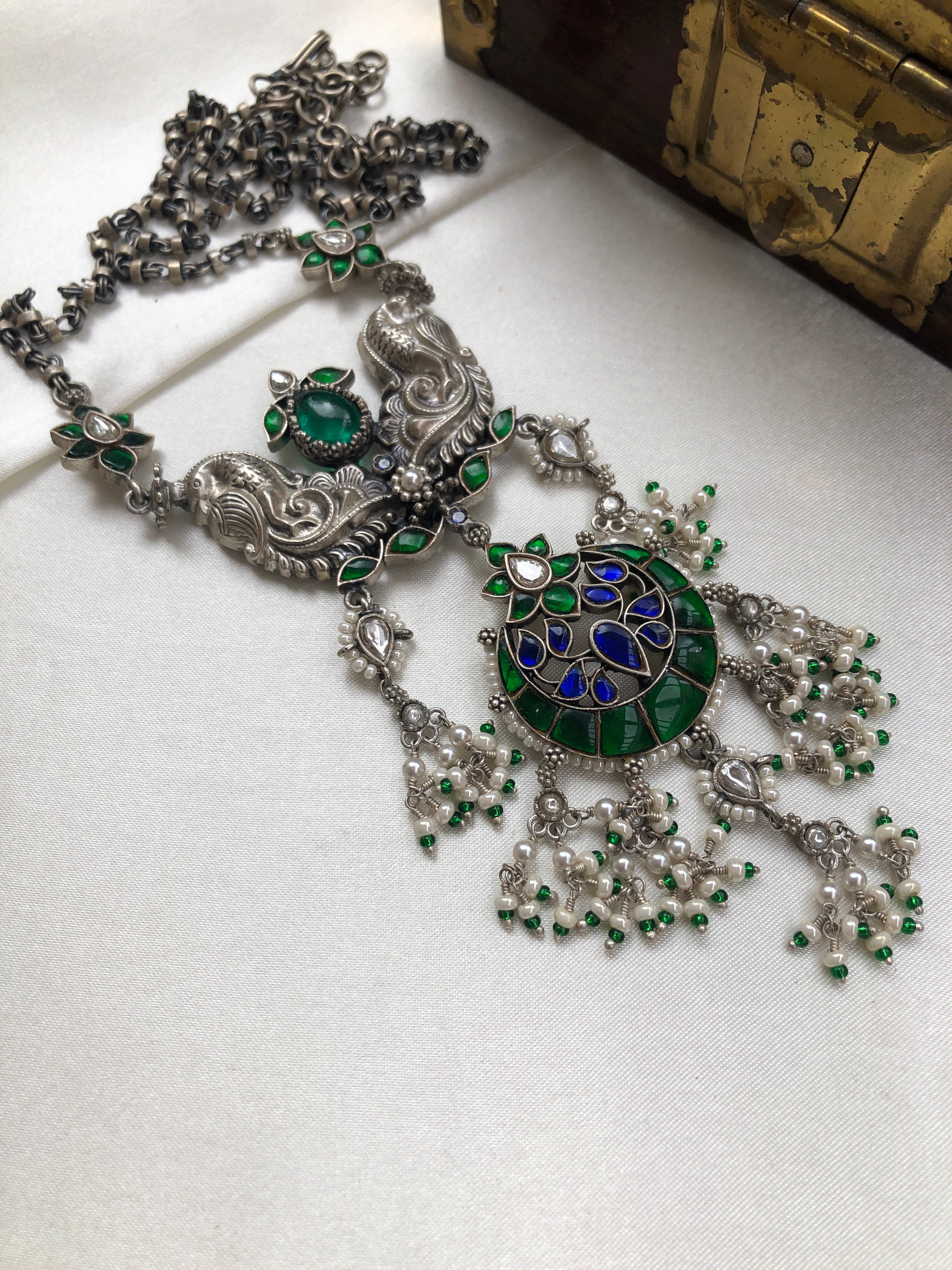 Kundan chand green & blue pendant with silver chain and pearls-Silver Neckpiece-PL-House of Taamara