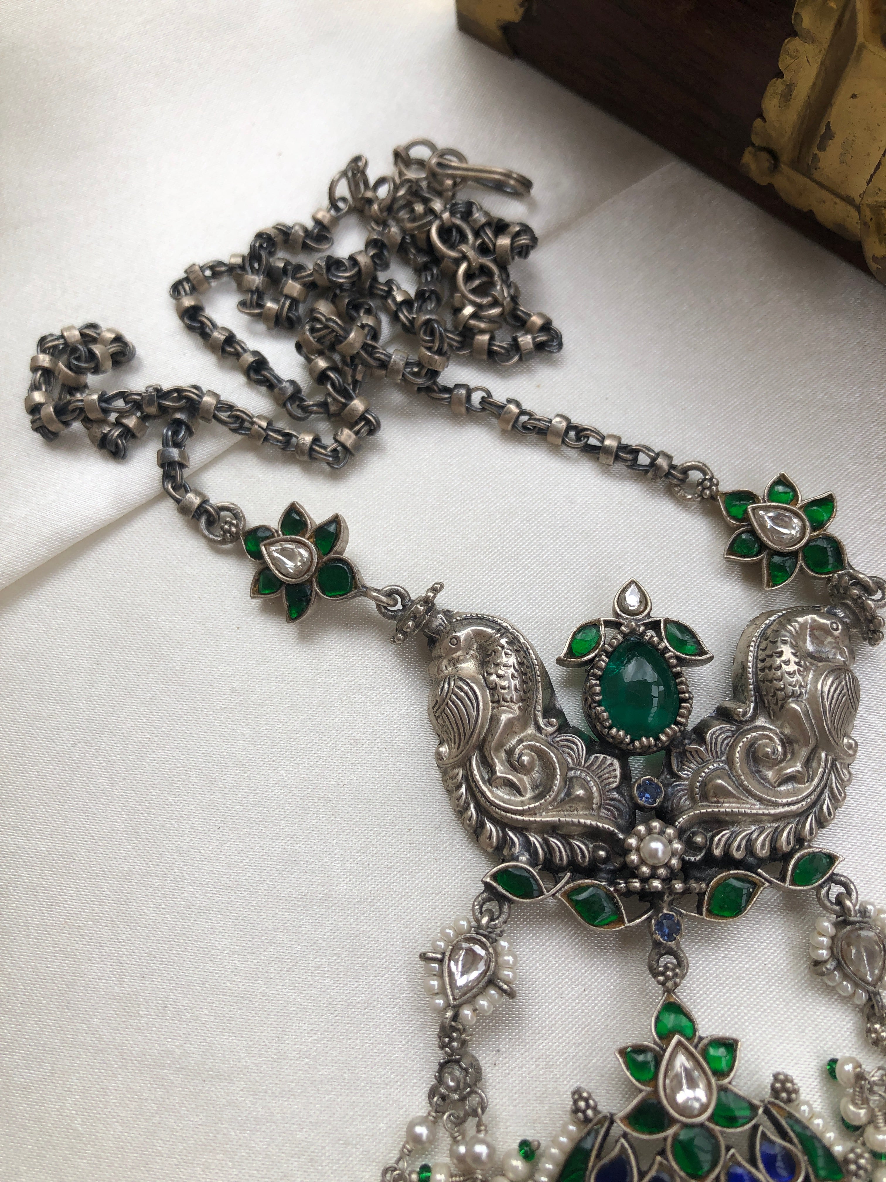 Kundan chand green & blue pendant with silver chain and pearls-Silver Neckpiece-PL-House of Taamara