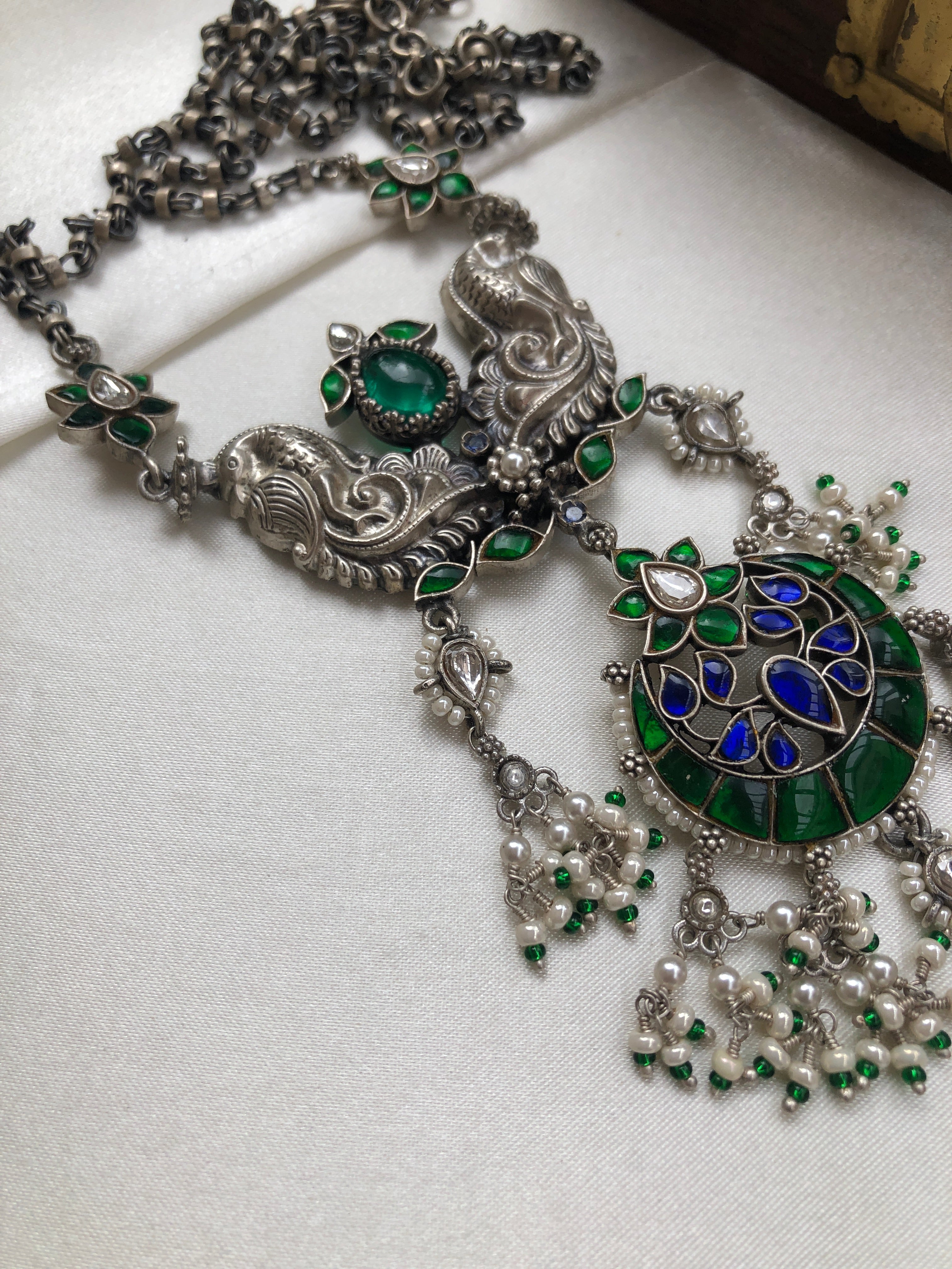 Kundan chand green & blue pendant with silver chain and pearls-Silver Neckpiece-PL-House of Taamara