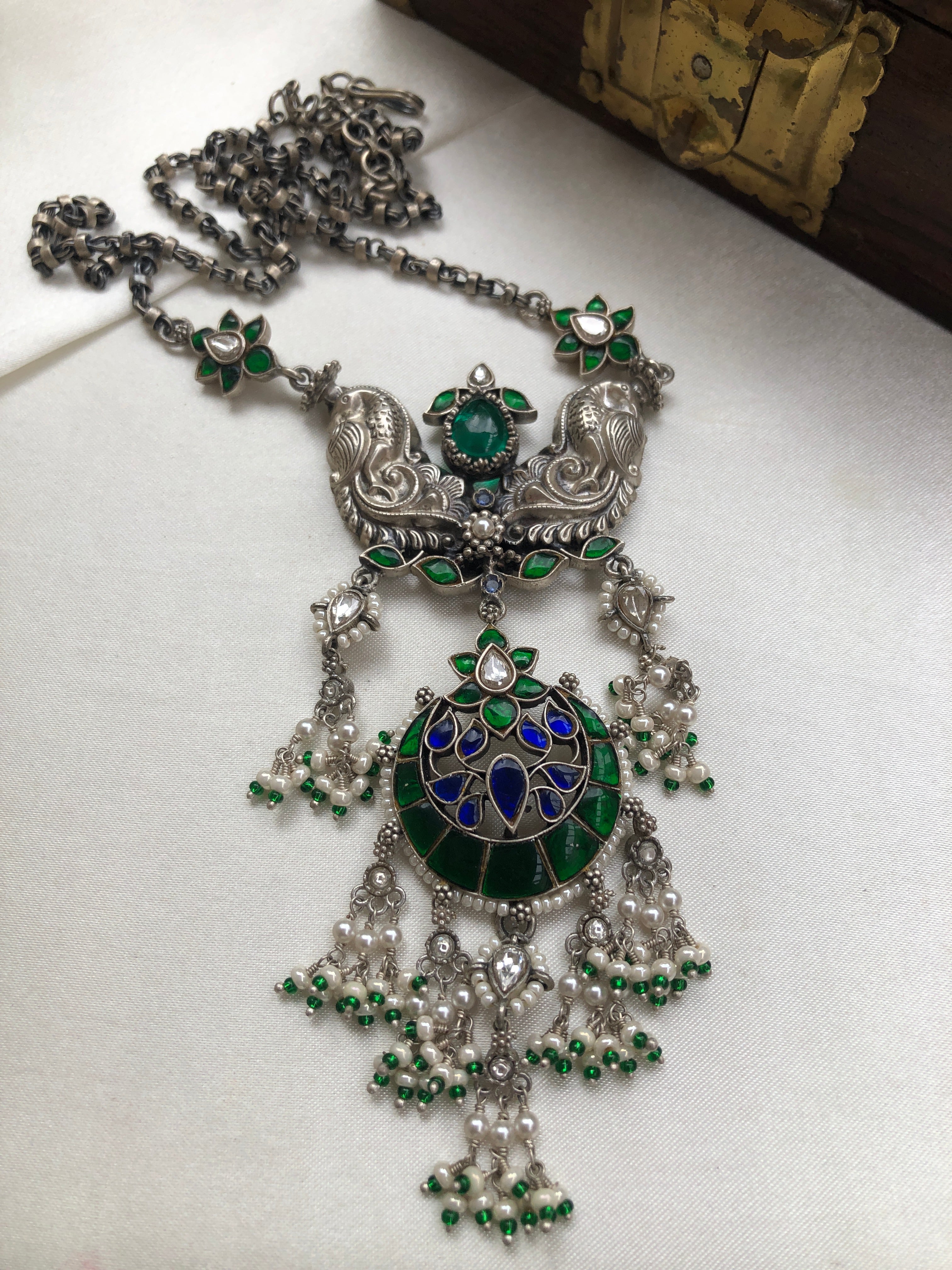 Kundan chand green & blue pendant with silver chain and pearls-Silver Neckpiece-PL-House of Taamara