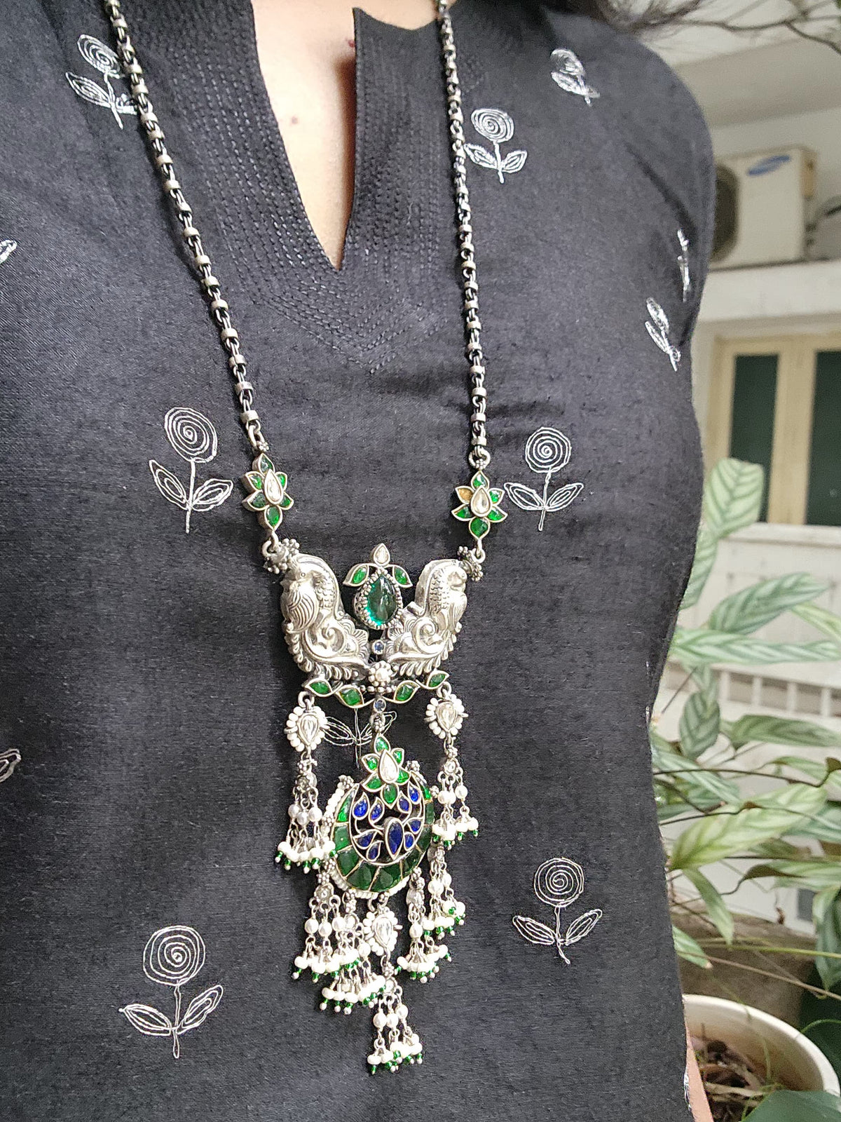 Kundan chand green & blue pendant with silver chain and pearls-Silver Neckpiece-PL-House of Taamara