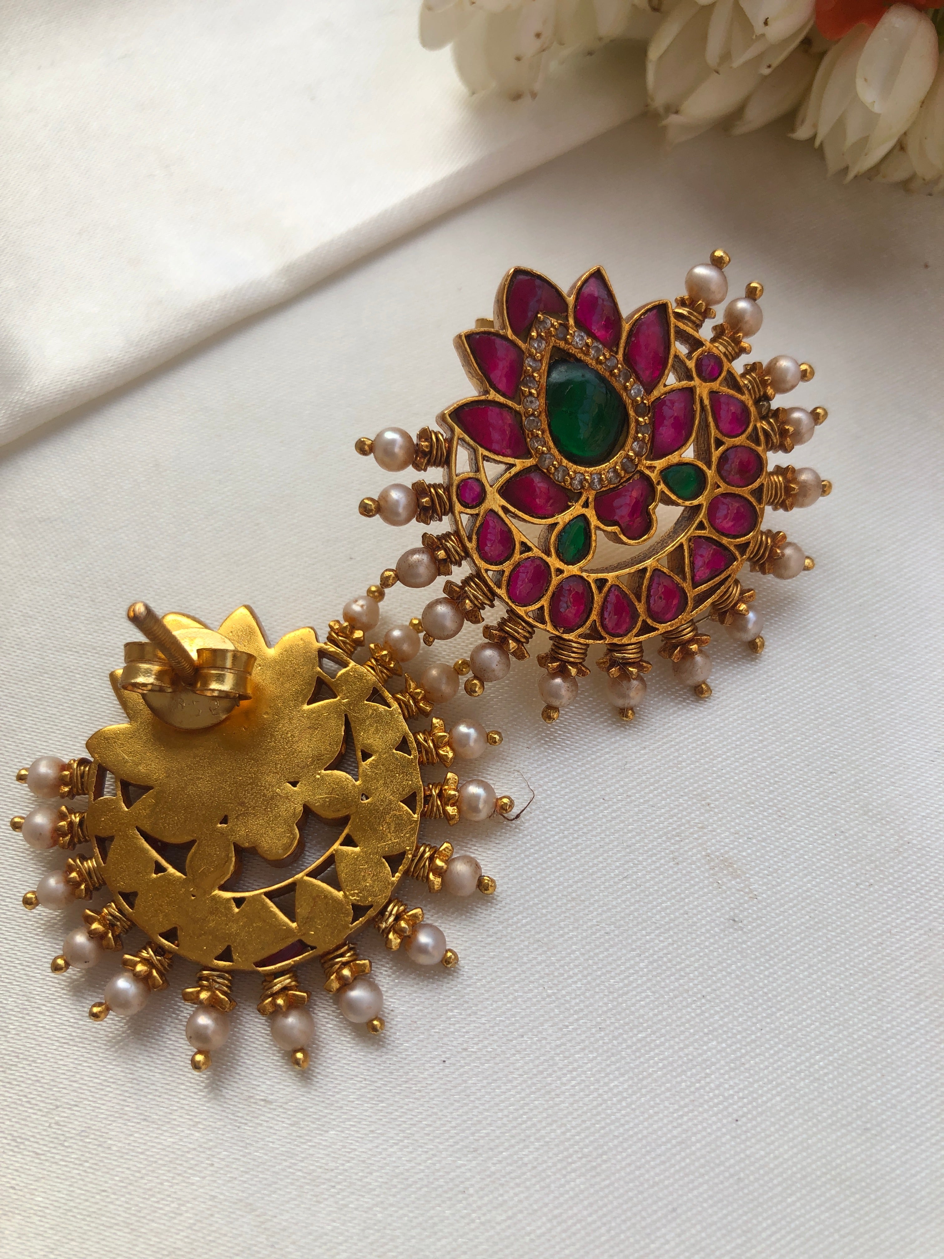 Kundan chand lotus studs with pearls all around-Earrings-PL-House of Taamara