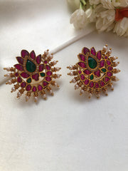 Kundan chand lotus studs with pearls all around-Earrings-PL-House of Taamara