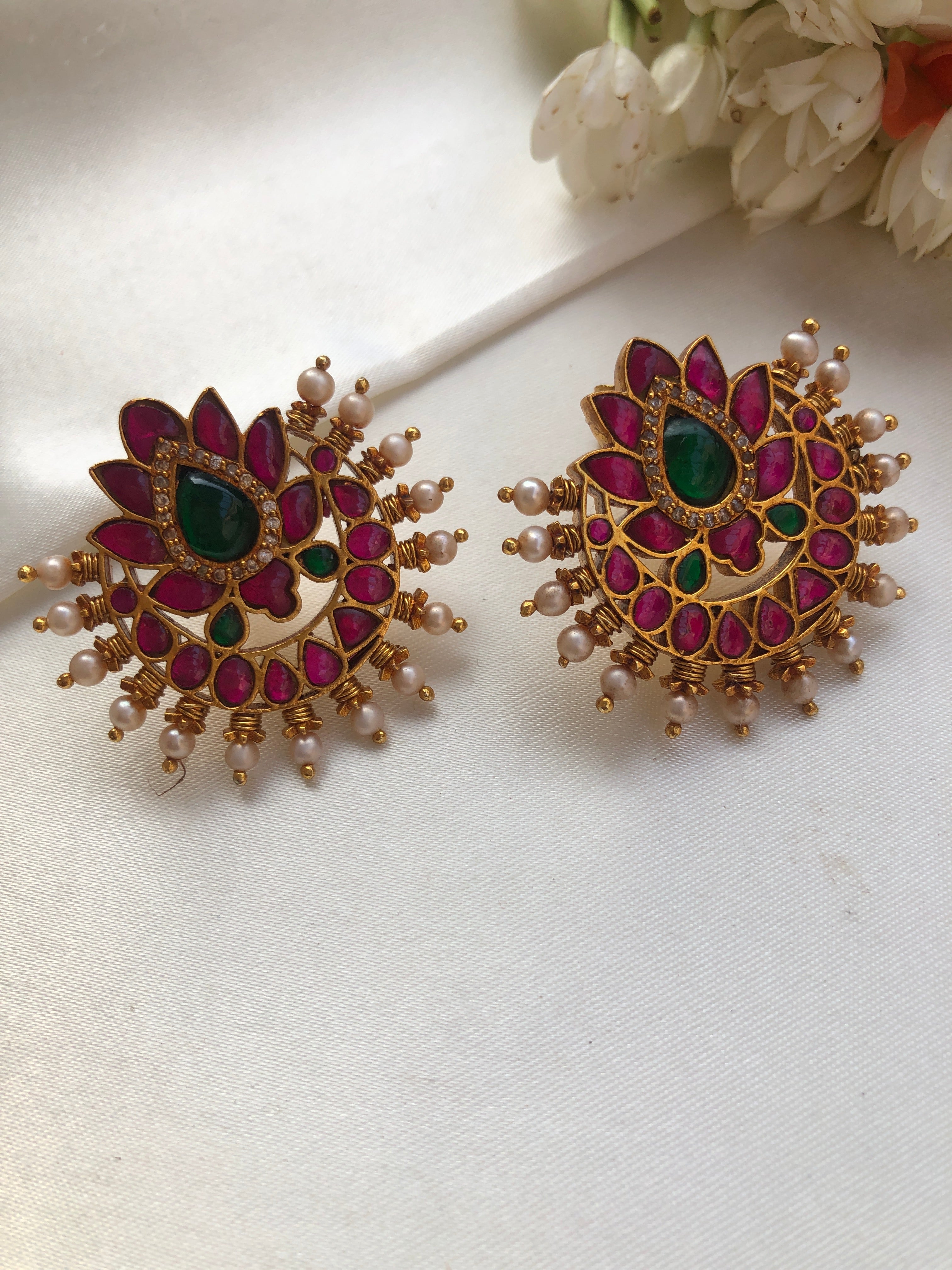 Kundan chand lotus studs with pearls all around-Earrings-PL-House of Taamara