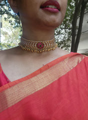 Kundan chand matha patti with pearls & gundu beads bunch-Silver Neckpiece-PL-House of Taamara