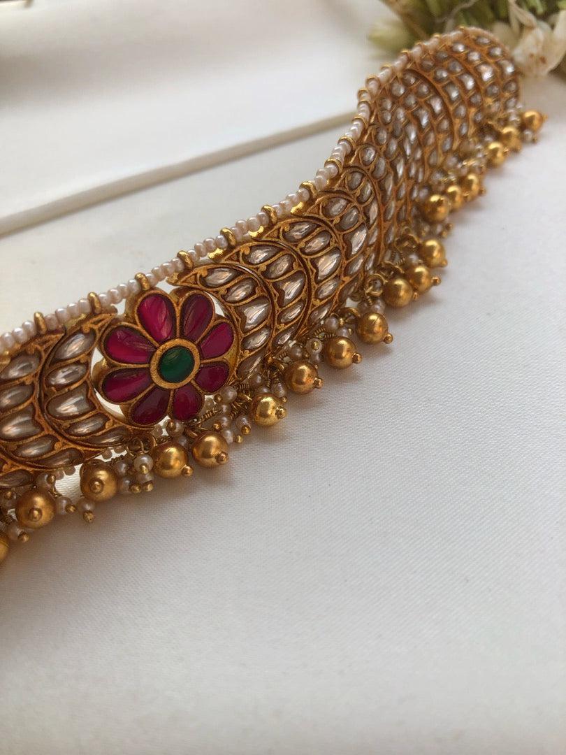 Kundan chand matha patti with pearls & gundu beads bunch-Silver Neckpiece-PL-House of Taamara
