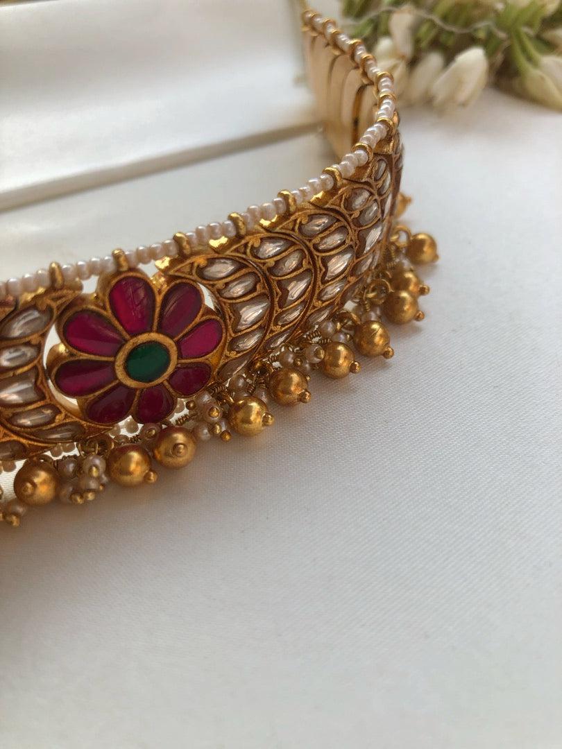 Kundan chand matha patti with pearls & gundu beads bunch-Silver Neckpiece-PL-House of Taamara