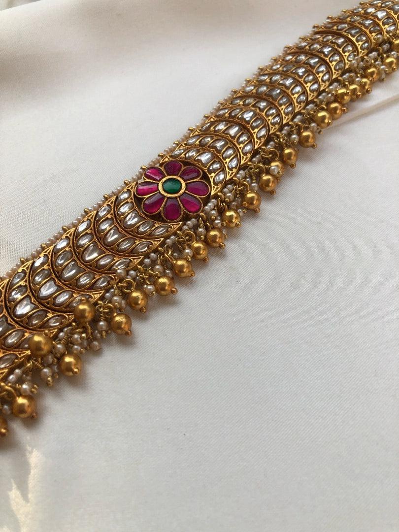 Kundan chand matha patti with pearls & gundu beads bunch-Silver Neckpiece-PL-House of Taamara