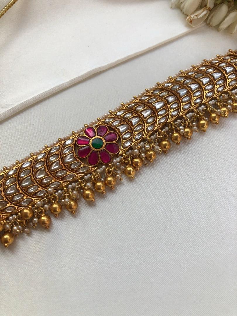 Kundan chand matha patti with pearls & gundu beads bunch-Silver Neckpiece-PL-House of Taamara