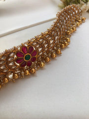 Kundan chand matta patti with pearls & gundu beads bunch-Silver Neckpiece-PL-House of Taamara