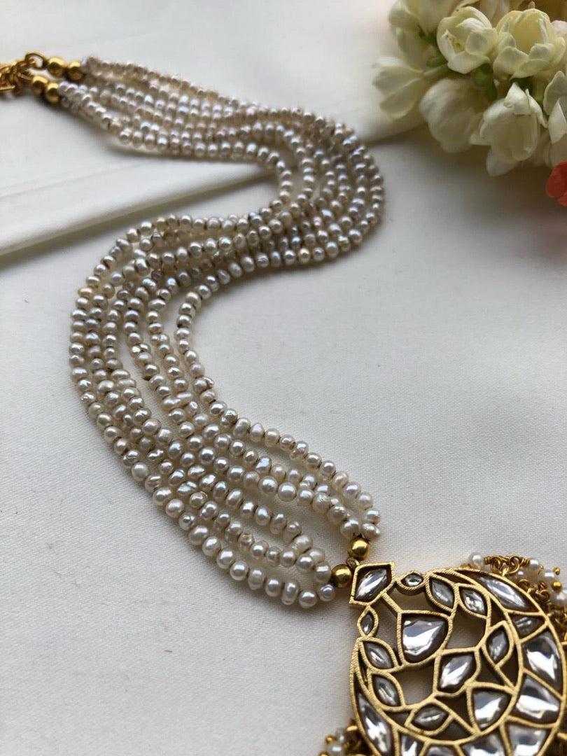 Kundan chand pendant with Pearls mala-Silver Neckpiece-PL-House of Taamara