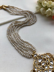 Kundan chand pendant with Pearls mala-Silver Neckpiece-PL-House of Taamara