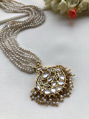 Kundan chand pendant with Pearls mala-Silver Neckpiece-PL-House of Taamara