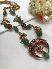 Kundan chand pendant with green onyx & gold polish big beads mala-Silver Neckpiece-PL-House of Taamara