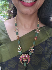 Kundan chand pendant with green onyx & gold polish big beads mala-Silver Neckpiece-PL-House of Taamara