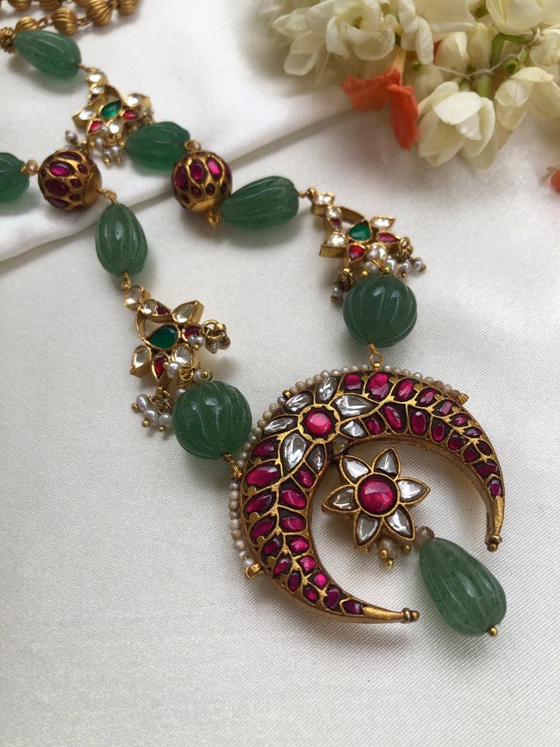 Kundan chand pendant with green onyx & gold polish big beads mala-Silver Neckpiece-PL-House of Taamara