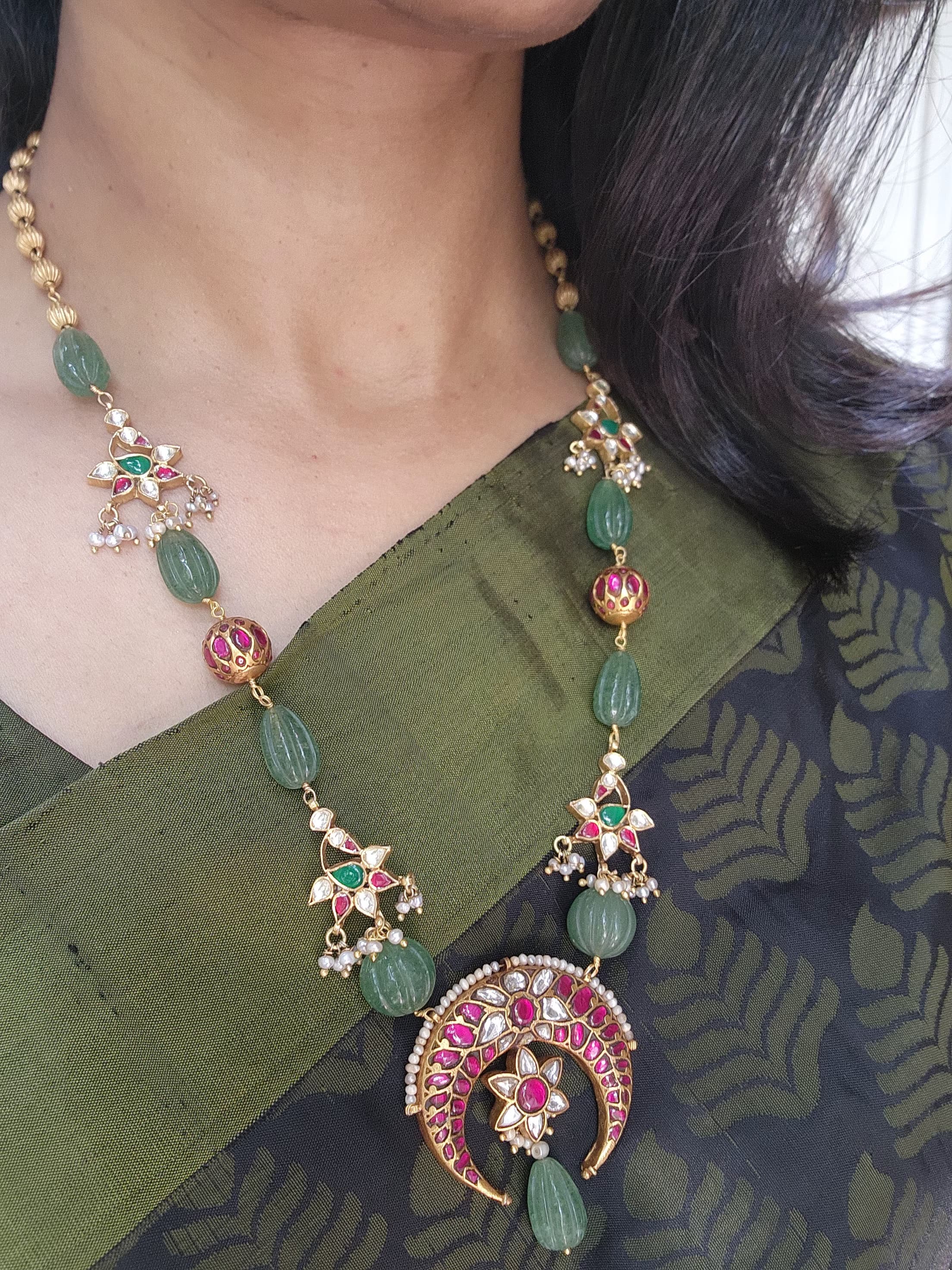 Kundan chand pendant with green onyx & gold polish big beads mala-Silver Neckpiece-PL-House of Taamara