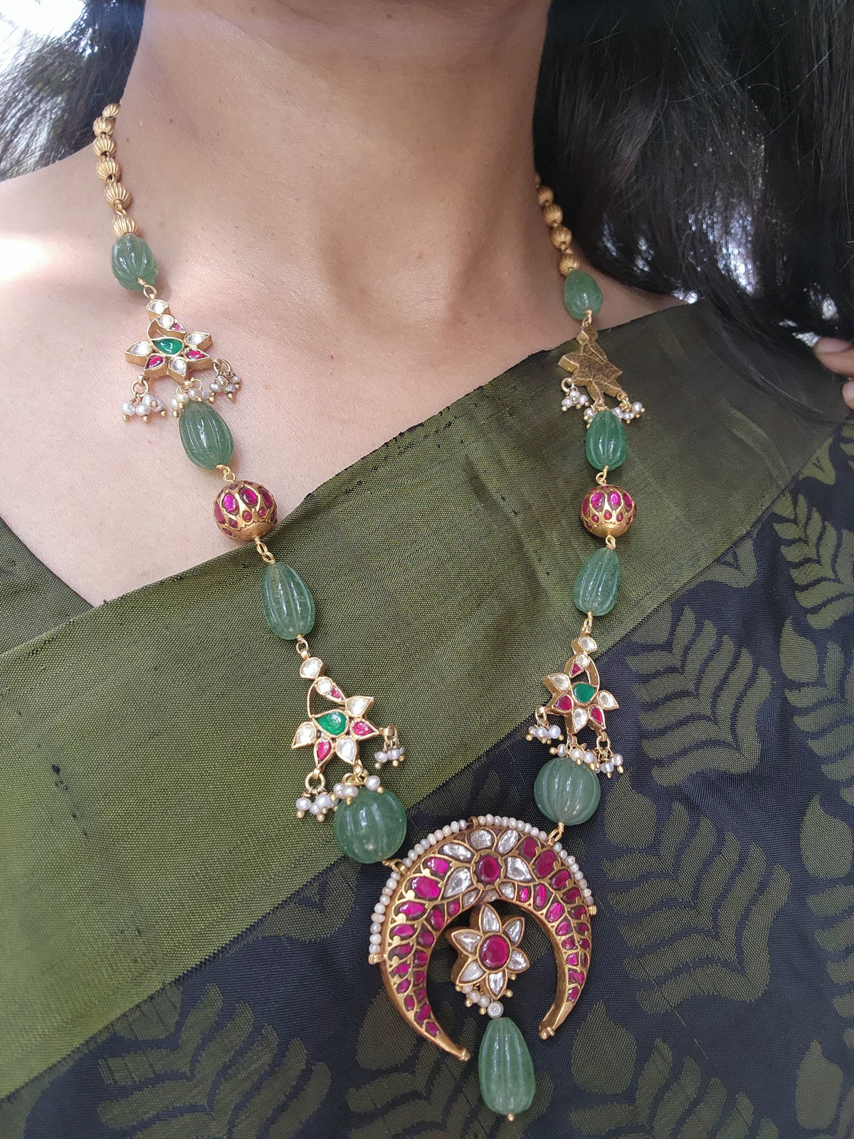 Kundan chand pendant with green onyx & gold polish big beads mala-Silver Neckpiece-PL-House of Taamara