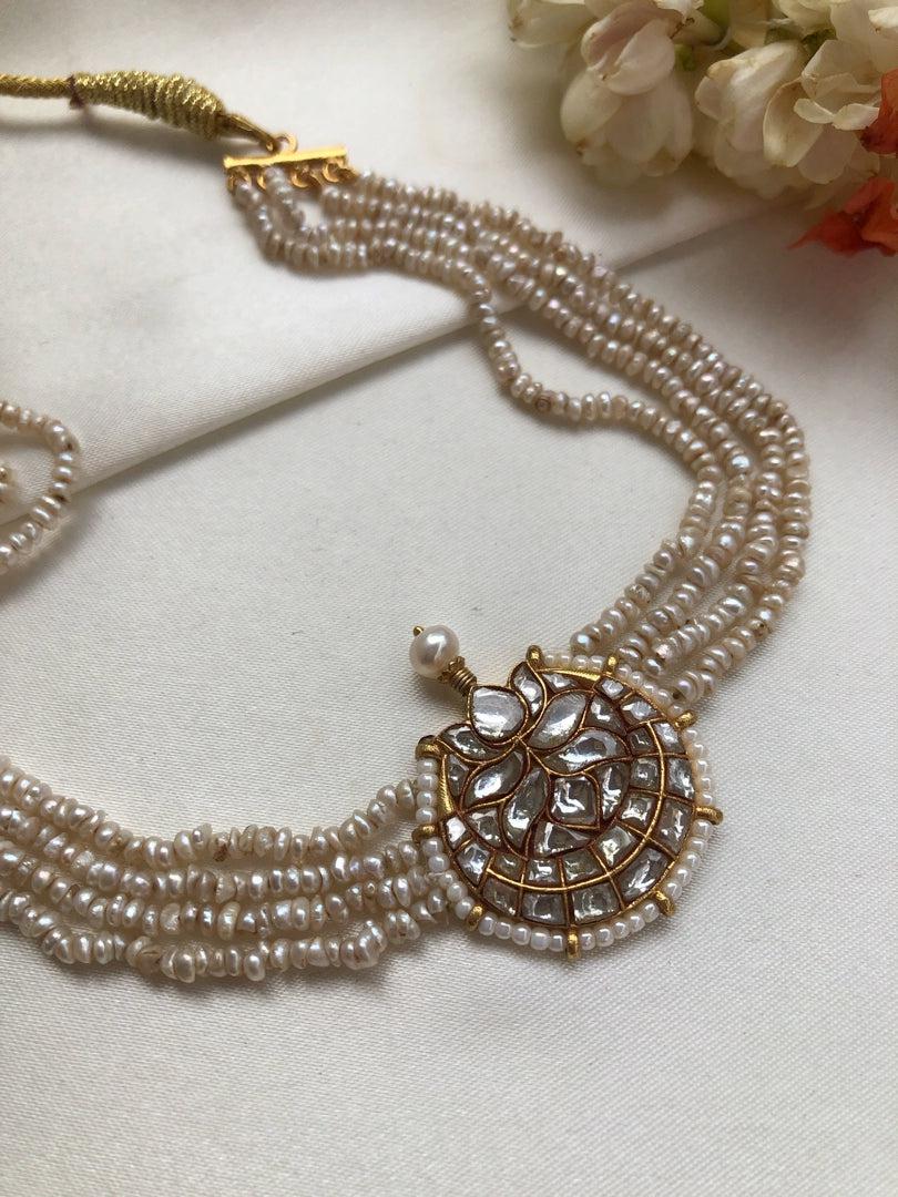 Kundan chand pendant with pearls-Silver Neckpiece-PL-House of Taamara