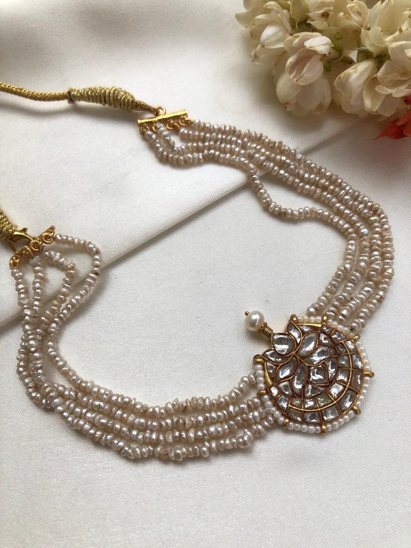 Kundan chand pendant with pearls-Silver Neckpiece-PL-House of Taamara