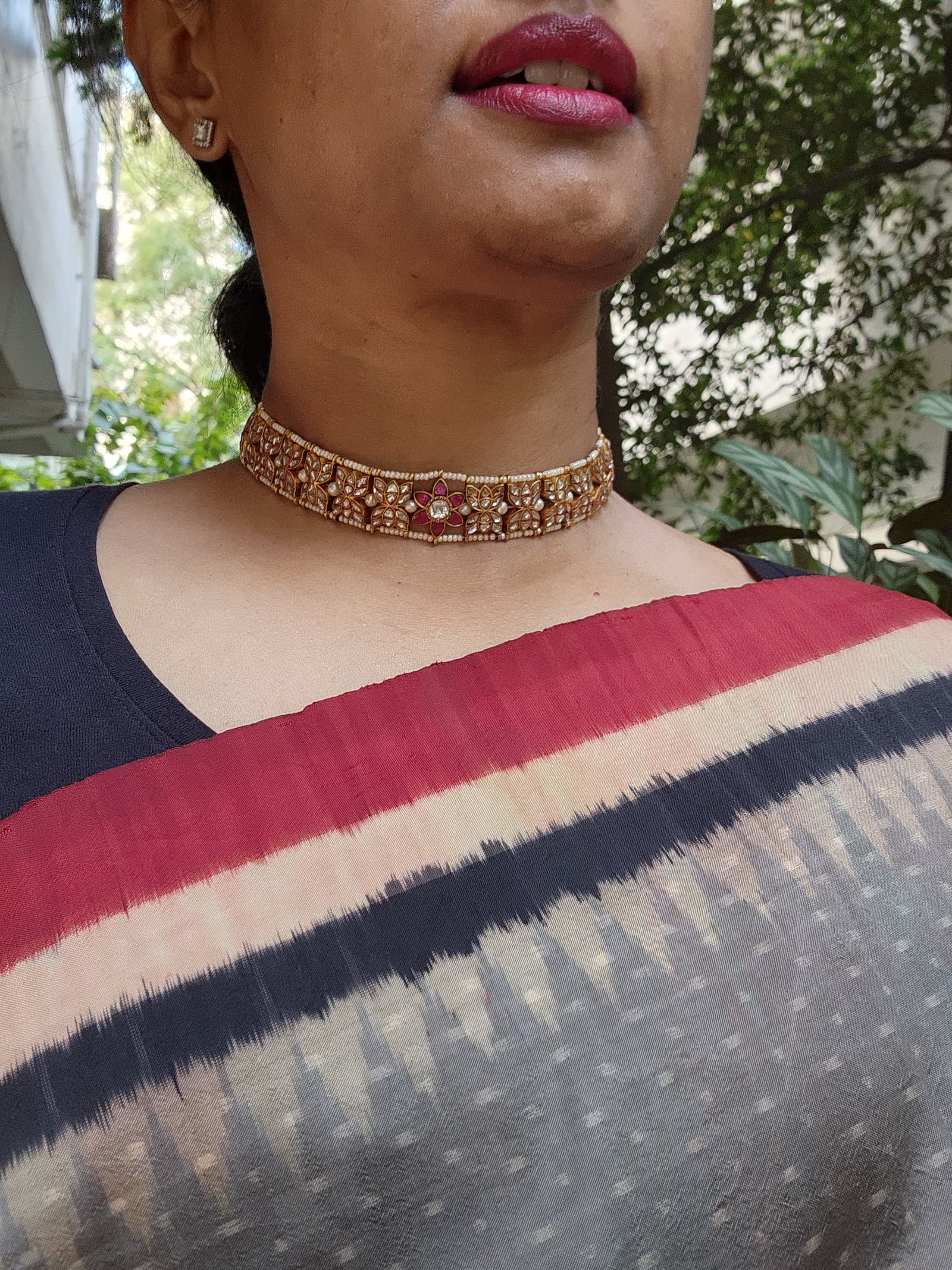 Kundan choker with pearls & ruby flower-Silver Neckpiece-PL-House of Taamara