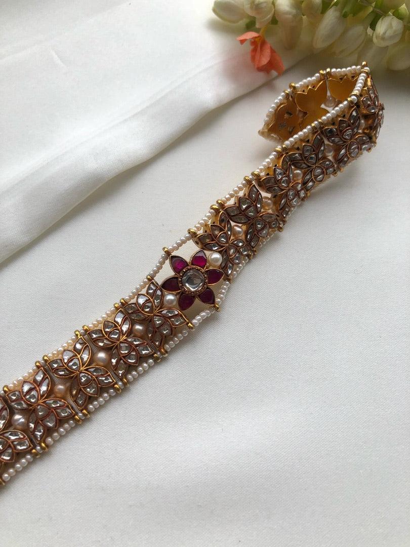 Kundan choker with pearls & ruby flower-Silver Neckpiece-PL-House of Taamara