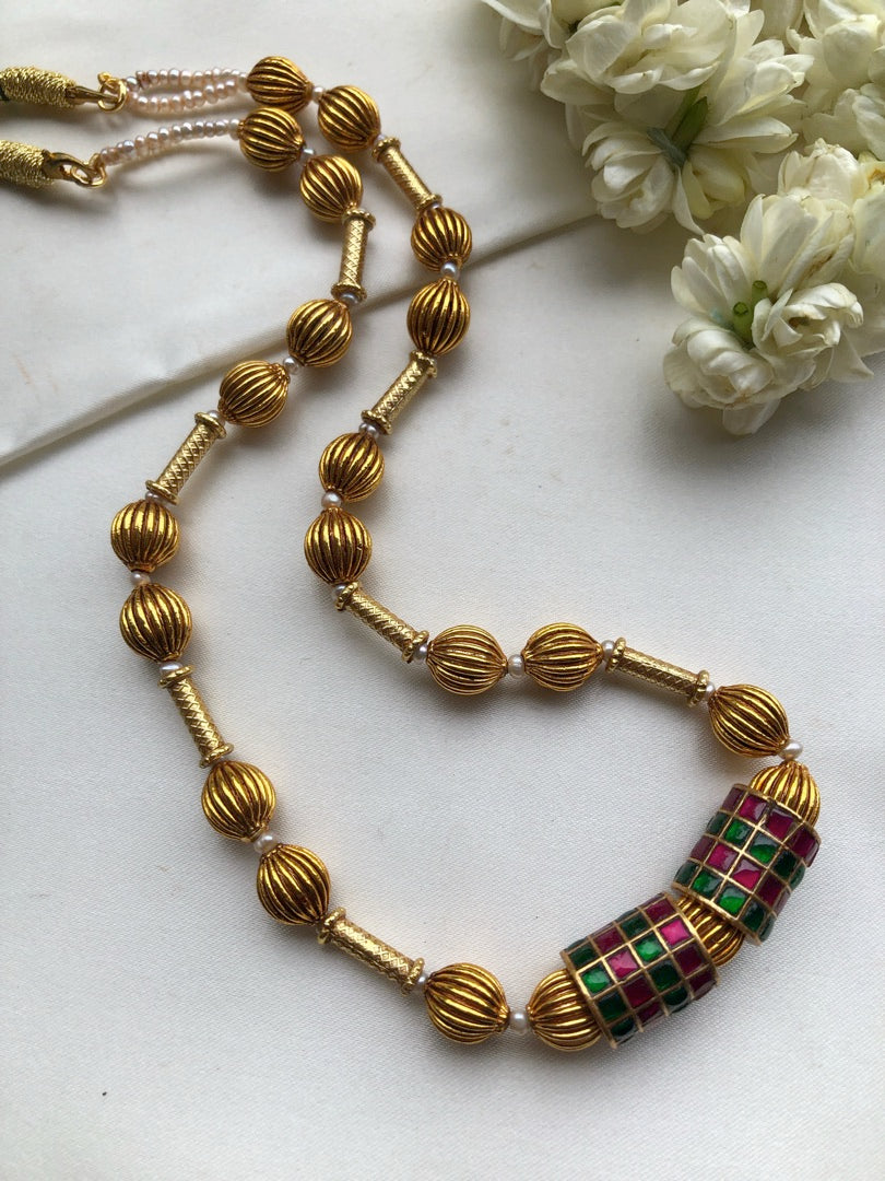 Kundan cylindrical beads with antique style beads-Silver Neckpiece-PL-House of Taamara