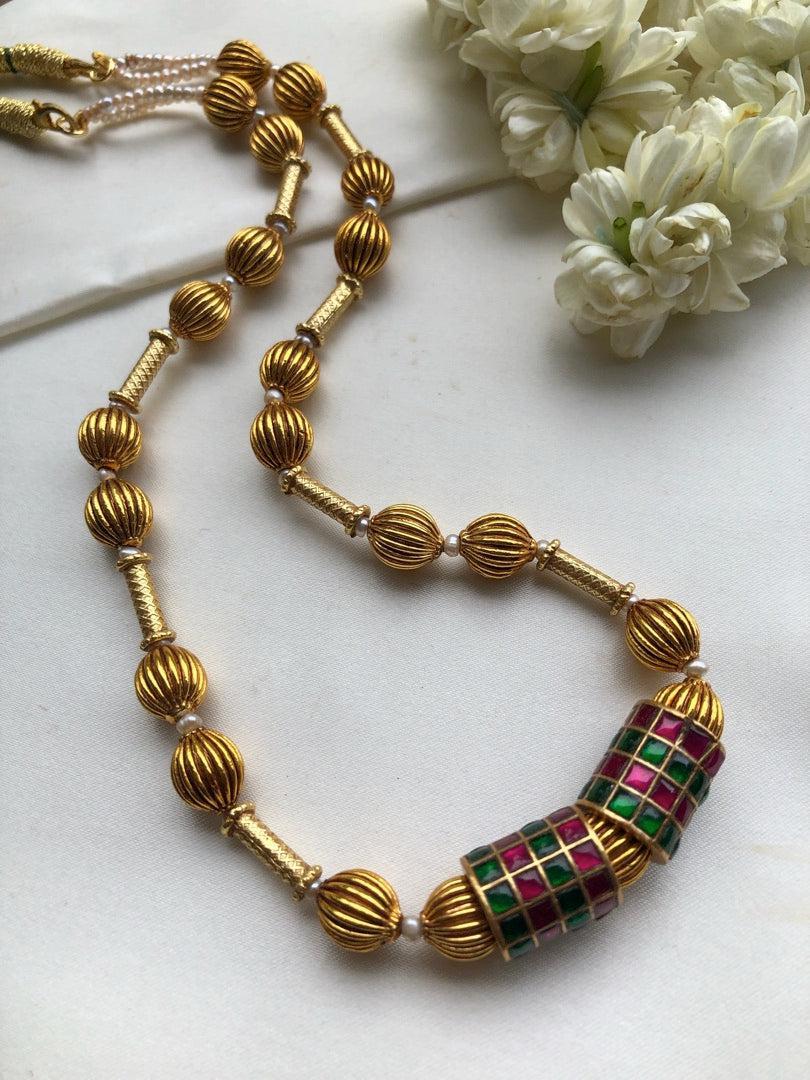 Kundan cylindrical beads with antique style beads-Silver Neckpiece-PL-House of Taamara