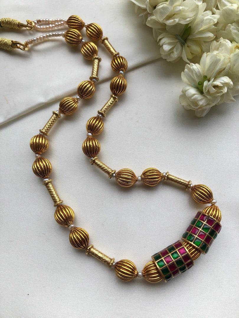 Kundan cylindrical beads with antique style beads-Silver Neckpiece-PL-House of Taamara