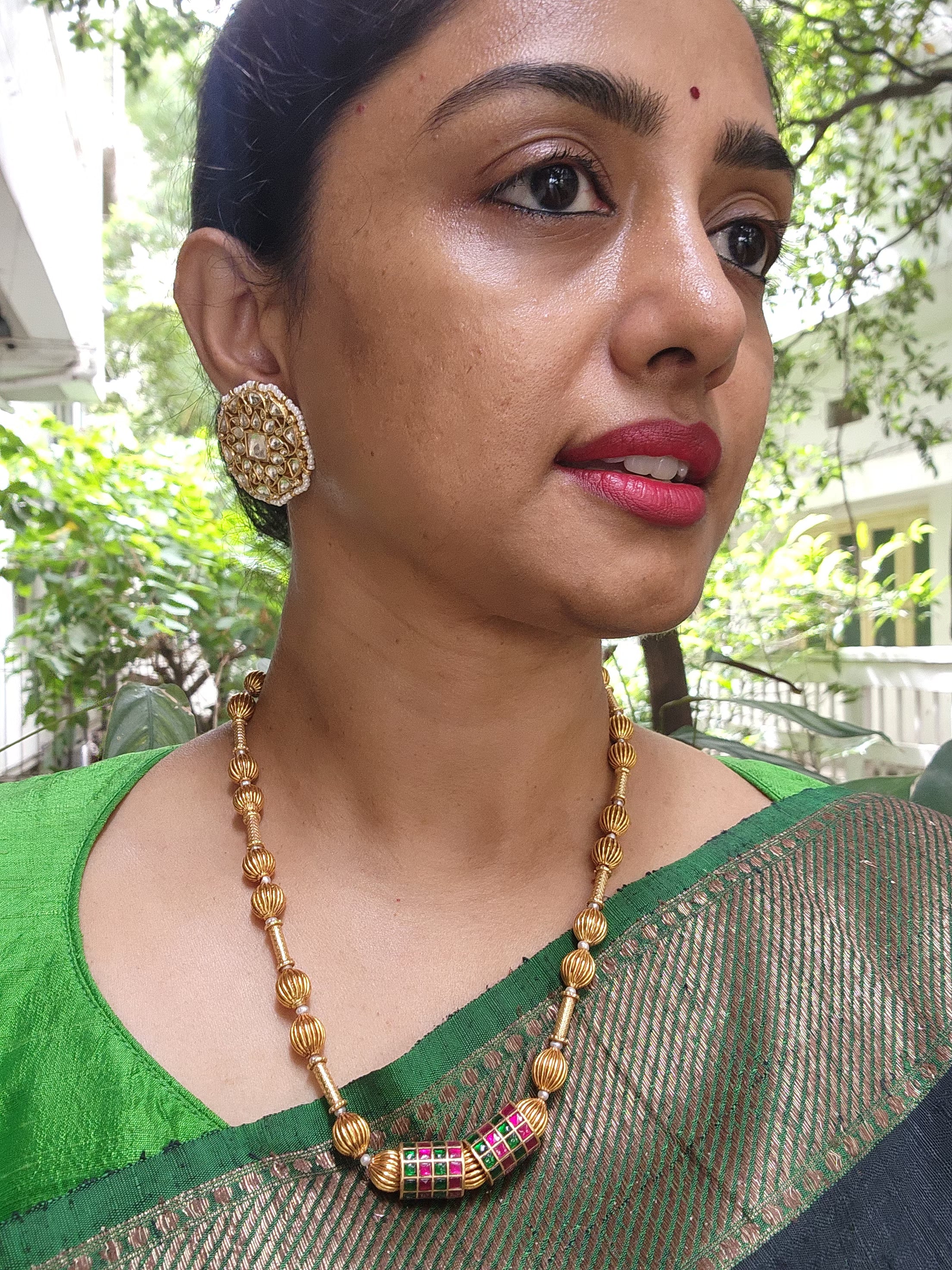 Kundan cylindrical beads with antique style beads-Silver Neckpiece-PL-House of Taamara