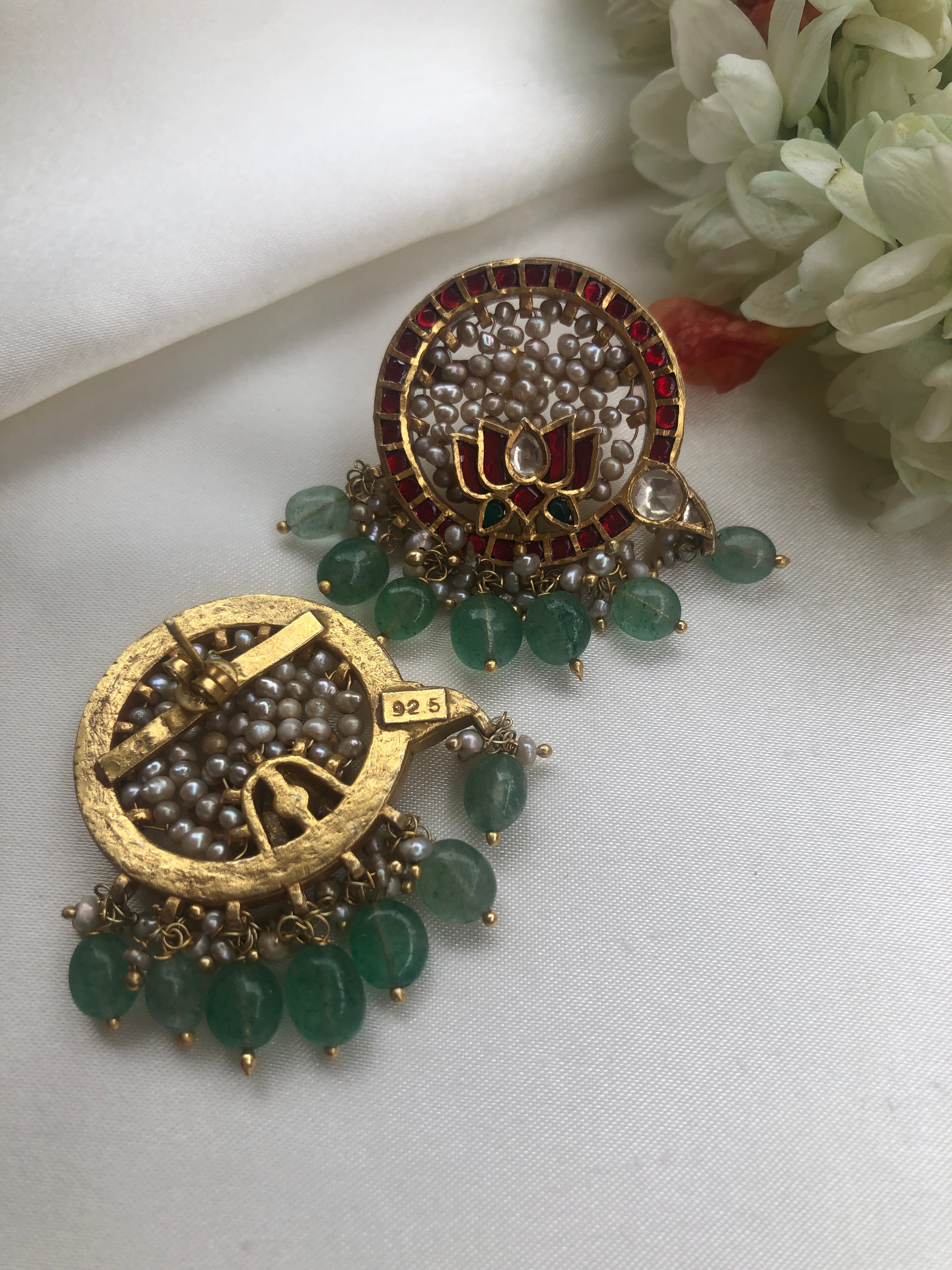 Kundan earring with lotus & pearls bunch with green beads-Earrings-PL-House of Taamara