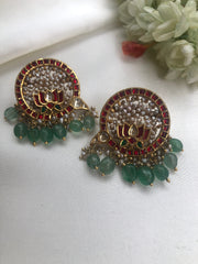 Kundan earring with lotus & pearls bunch with green beads-Earrings-PL-House of Taamara