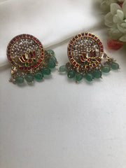 Kundan earring with lotus & pearls bunch with green beads-Earrings-PL-House of Taamara