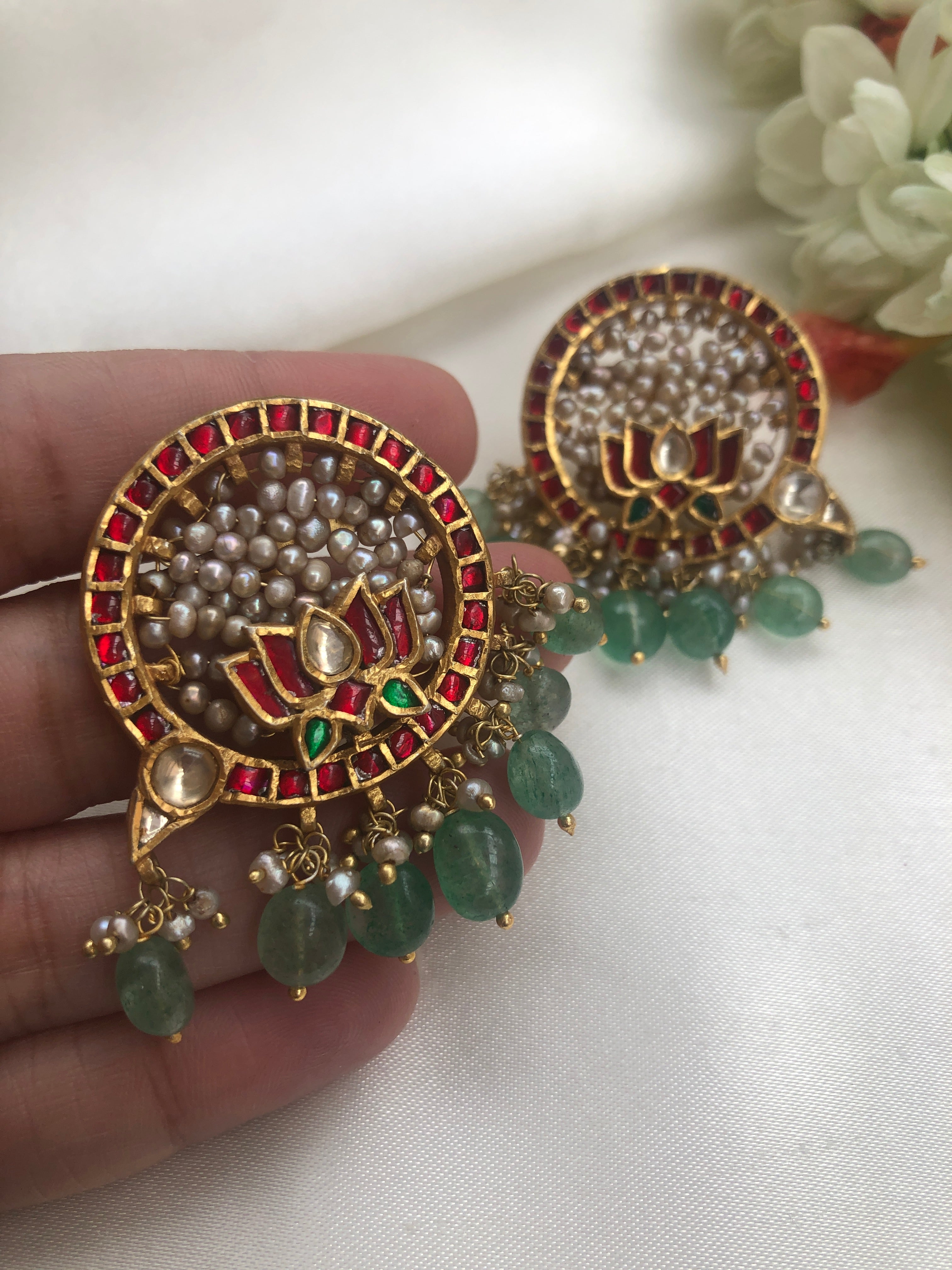 Kundan earring with lotus & pearls bunch with green beads-Earrings-PL-House of Taamara