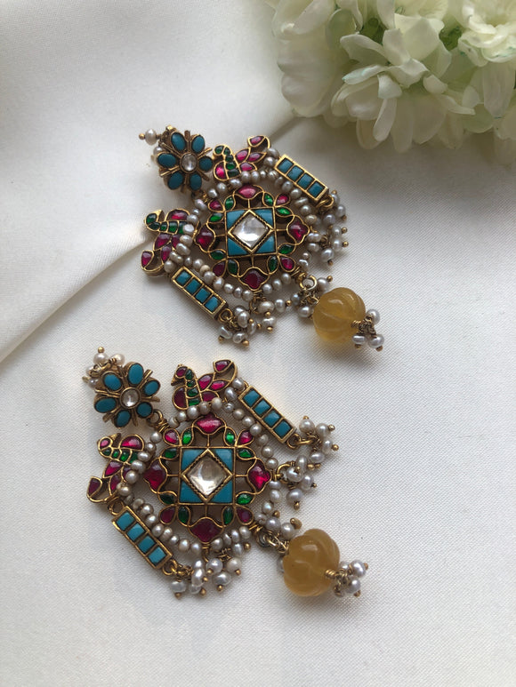 Kundan earrings with a citrine pumpkin bead-Earrings-PL-House of Taamara