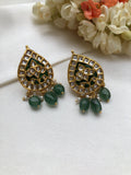 Kundan earrings with emerald pearls antique style and green bead drop-Earrings-PL-House of Taamara