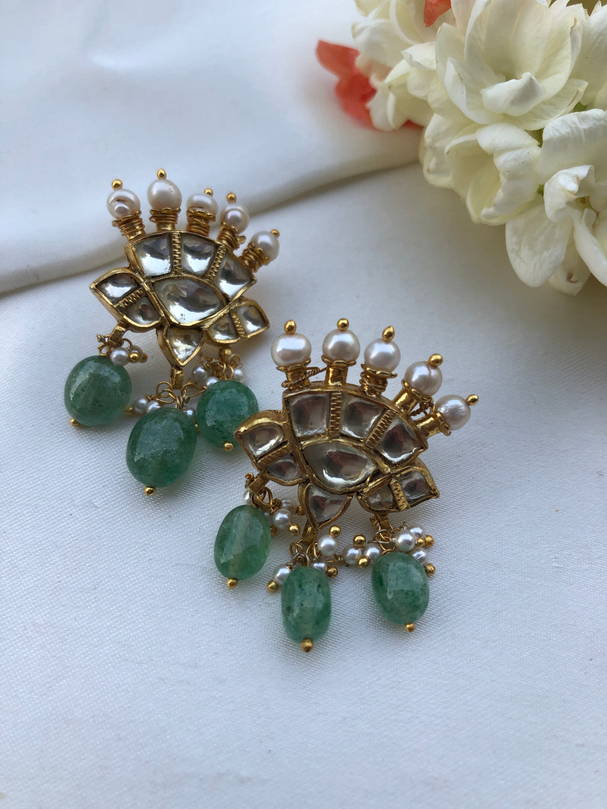 Kundan earrings with green beads-Earrings-PL-House of Taamara
