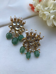 Kundan earrings with green beads-Earrings-PL-House of Taamara