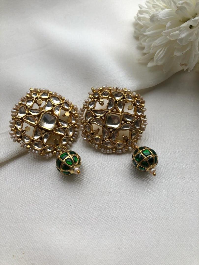 Kundan earrings with green kundan bead-Earrings-PL-House of Taamara