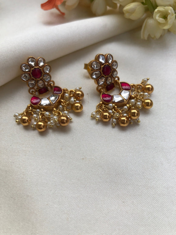 Kundan earrings with gundu beads & pearls bunch-Earrings-PL-House of Taamara