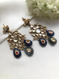 Kundan earrings with lapis and grey intricate bead earrings-Earrings-PL-House of Taamara