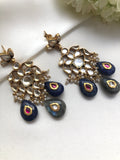 Kundan earrings with lapis and grey intricate bead earrings-Earrings-PL-House of Taamara