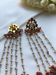 Kundan earrings with long pearl earrings with coral and green beads-Earrings-PL-House of Taamara