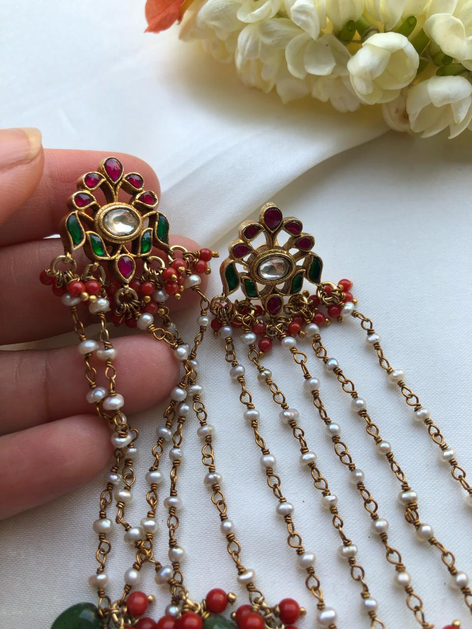 Kundan earrings with long pearl earrings with coral and green beads-Earrings-PL-House of Taamara