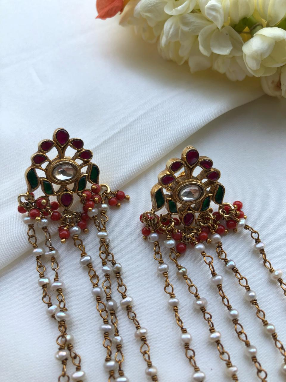 Kundan earrings with long pearl earrings with coral and green beads-Earrings-PL-House of Taamara