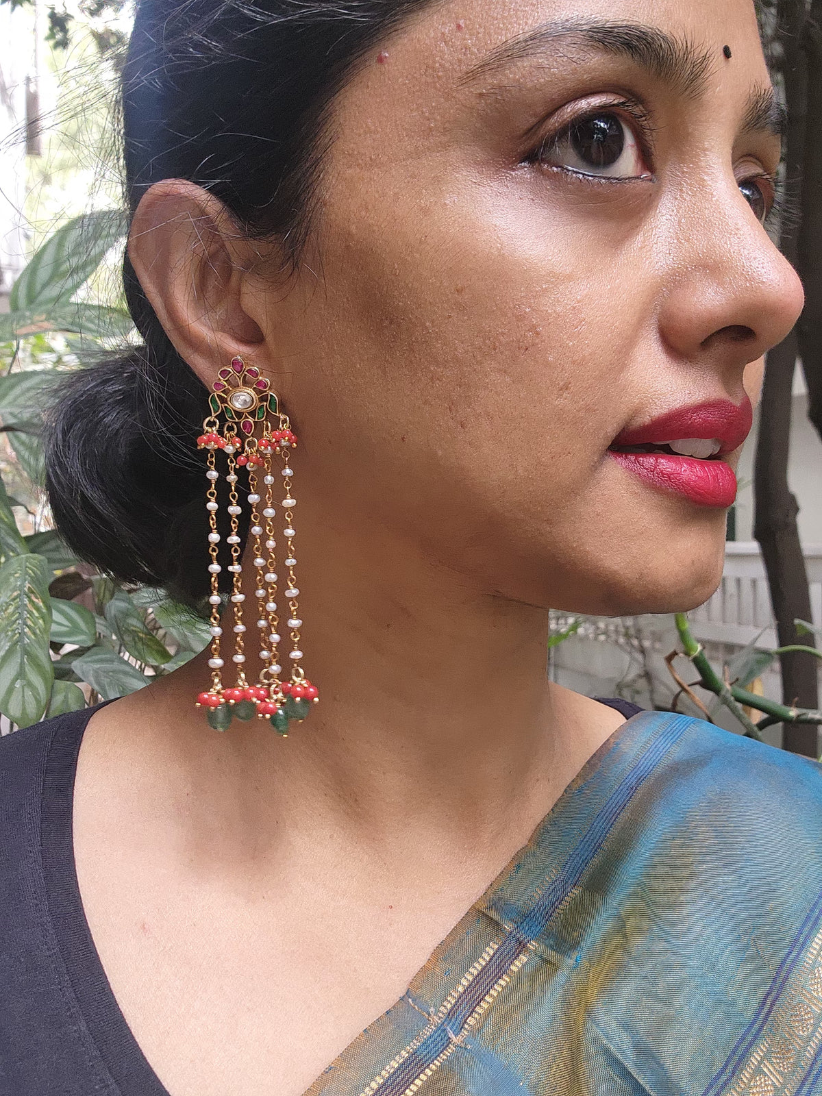 Kundan earrings with long pearl earrings with coral and green beads-Earrings-PL-House of Taamara