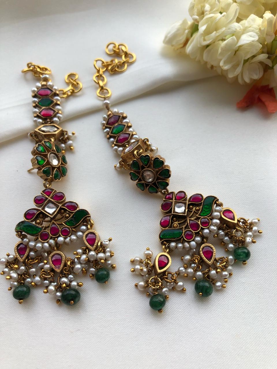 Kundan earrings with maatal and green beads with pearls bunch-Earrings-PL-House of Taamara