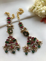 Kundan earrings with maatal and green beads with pearls bunch-Earrings-PL-House of Taamara