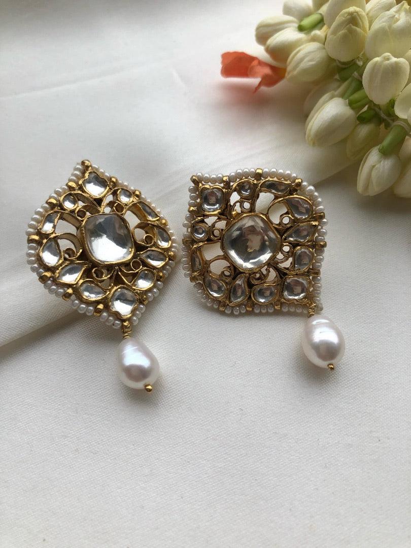 Kundan earrings with pearl drop-Earrings-PL-House of Taamara
